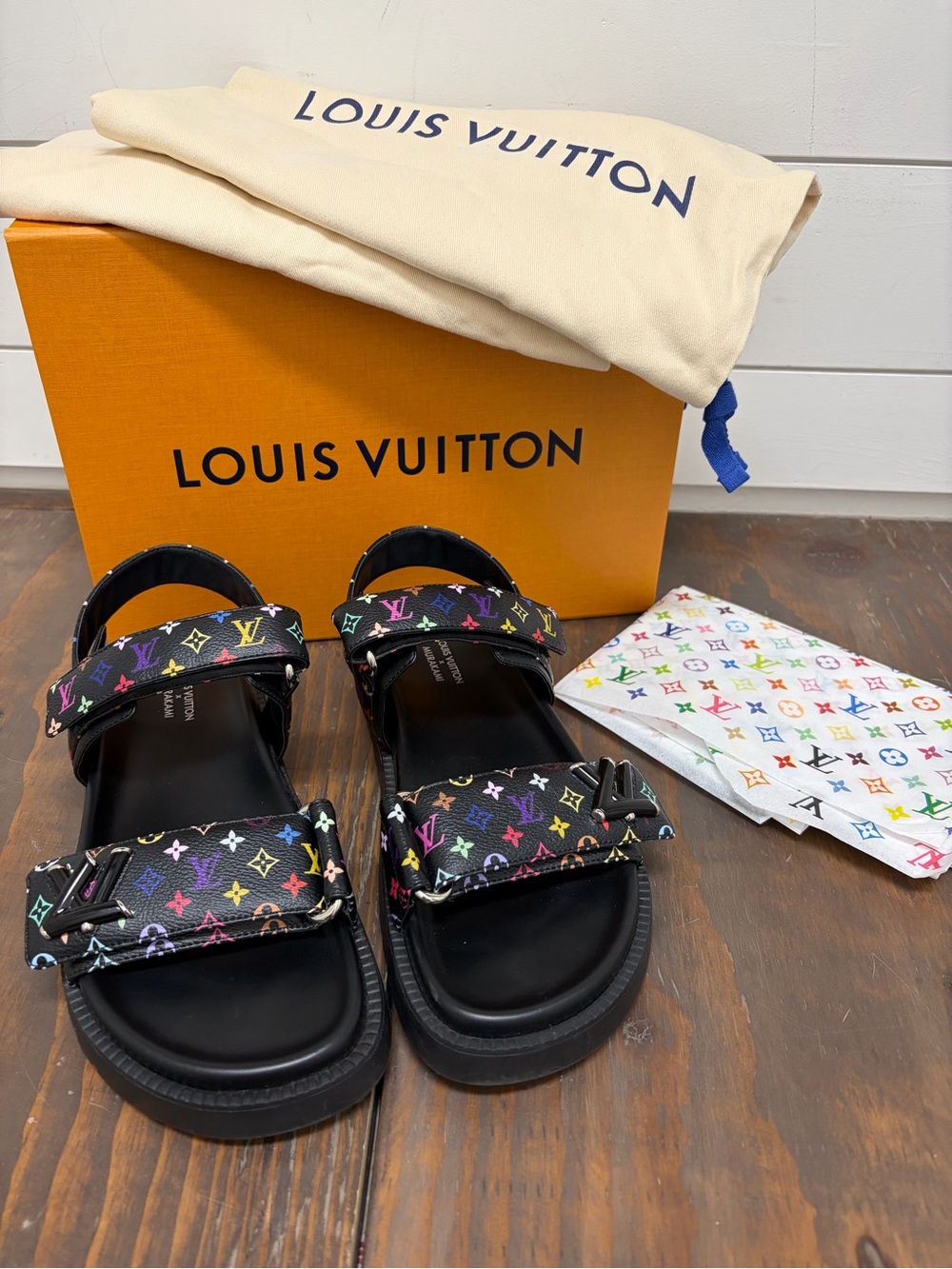 Louis Vuitton Womens Black Multicolor Monogram Sandals Sz 38